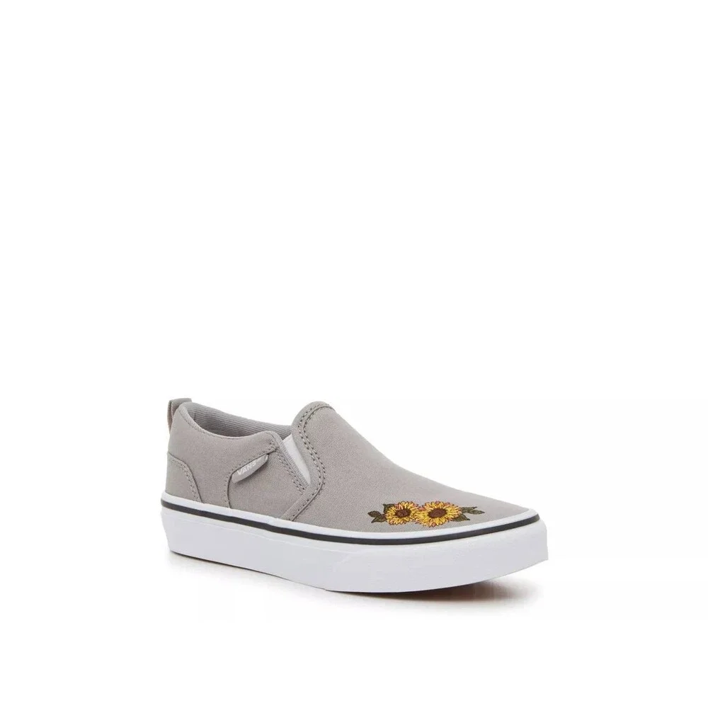 Vans Asher Sneakers Girls US 1 Gray White Floral Slip-On Platform Shoes ZAP1967